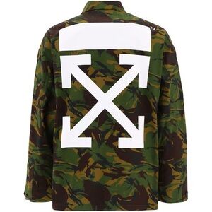 Off-White Camouflage Jacket with Patches and Orange Accents
